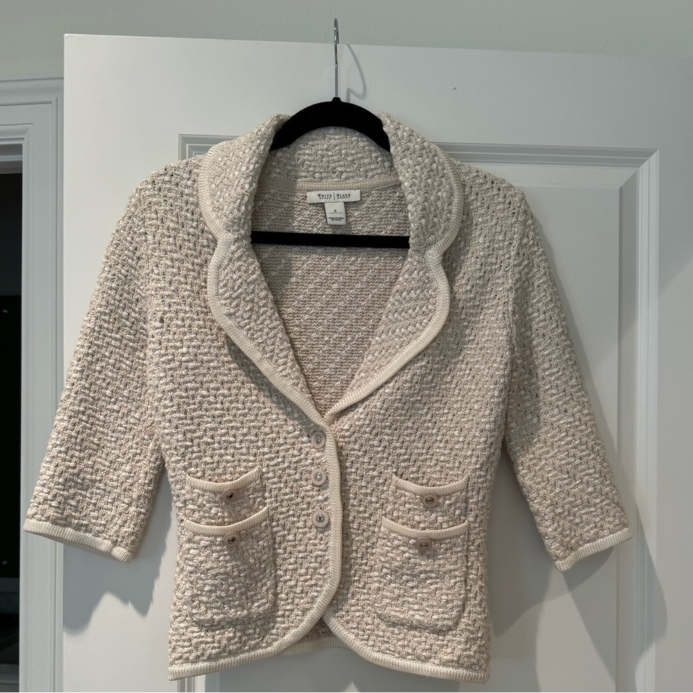 White House Black Market tweed sweater in cream and ivory with gold woven in